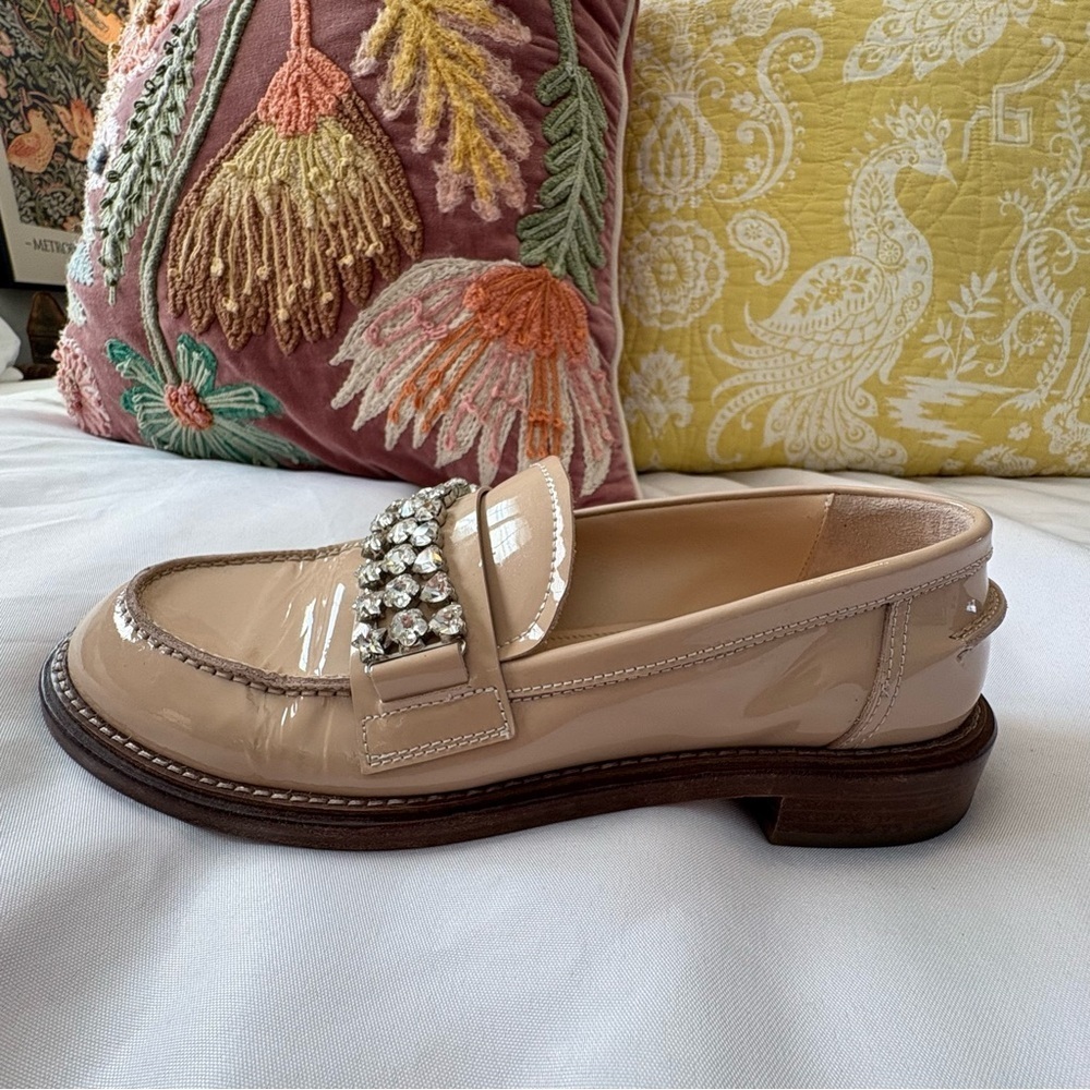 AGL Italian Lola Strass Mixed Crystal Loafers Size 39 Rhinestone Trim Beige Nude - Picture 6 of 13